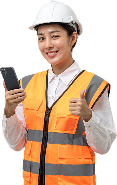 Femme ingénier avec gilet orange qui tient un smartphone dans les mains et le pouce vers le haut