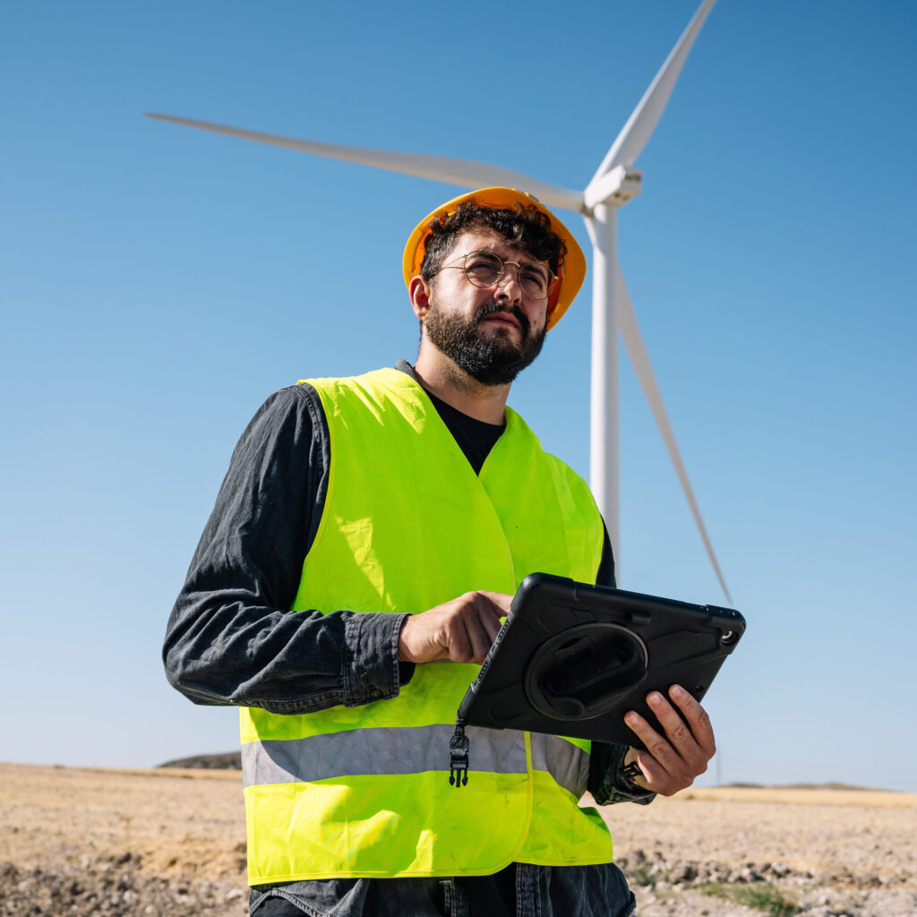 Un agent avec un gilet jaune qui tient une tablette à la main devant une éolienne